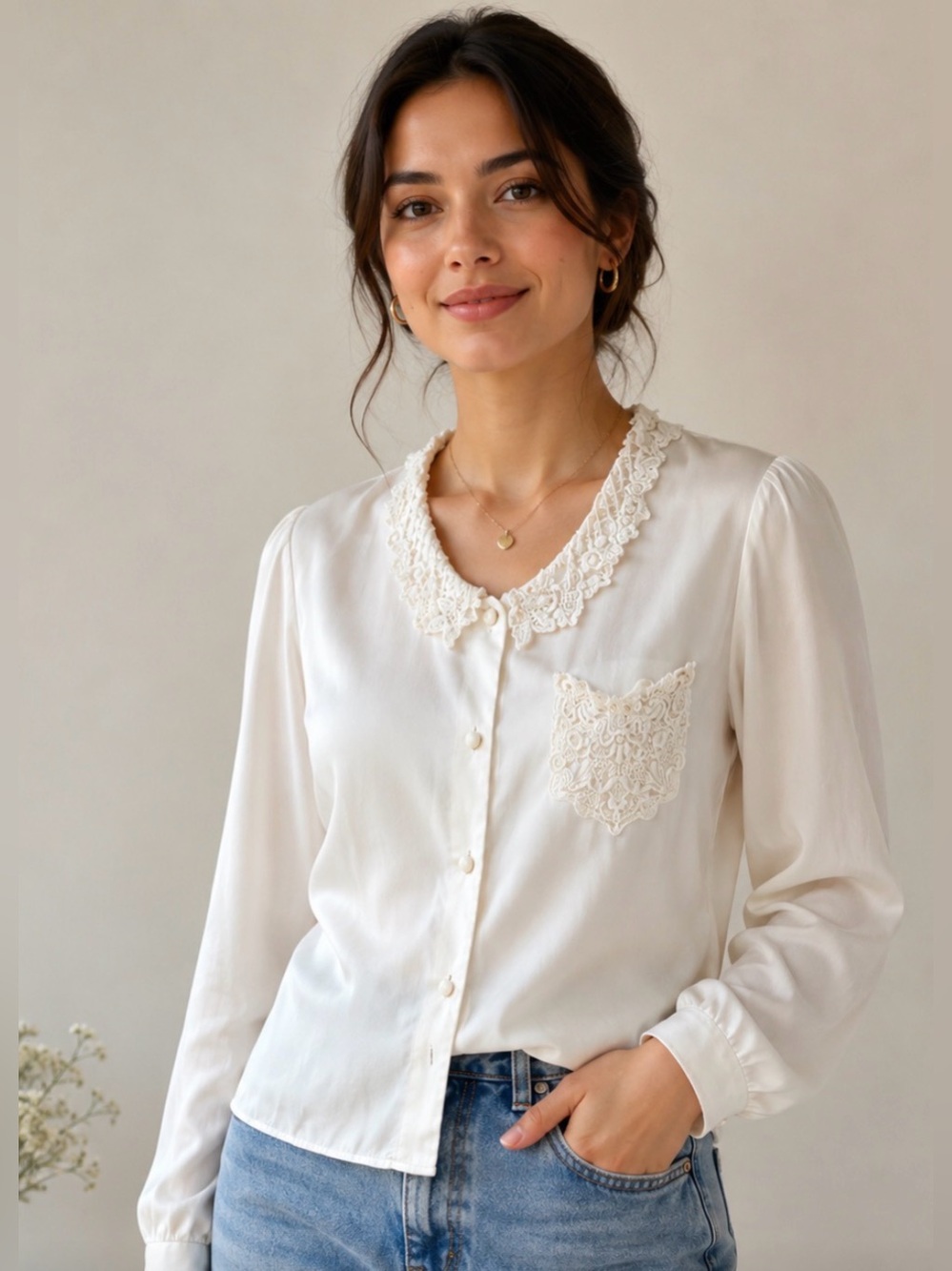 VINTAGE Blouse With Lace Collar and Lace Pocket